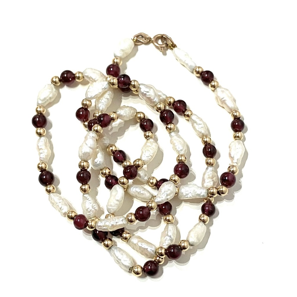 10K Gold Rice Pearl and Garnet Necklace